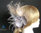 Large bridal hair piece dramatic wedding hair clip bride dramatic hair clip ivory peacock feather white peacock bride grey hair piece gray