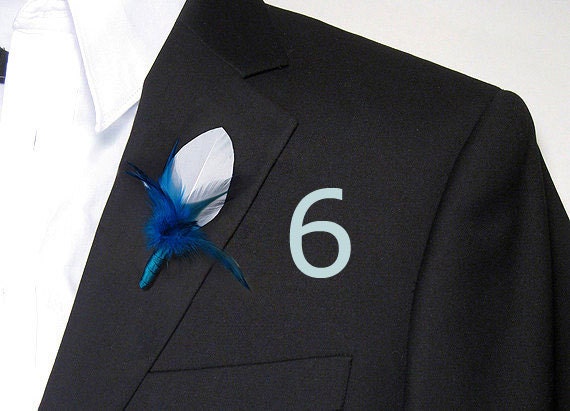 6 Feather boutonniere cobalt blue boutonniere winter wedding boutineer groomsmen boutonniere pin lapel pin blue wedding feather lapel pin
