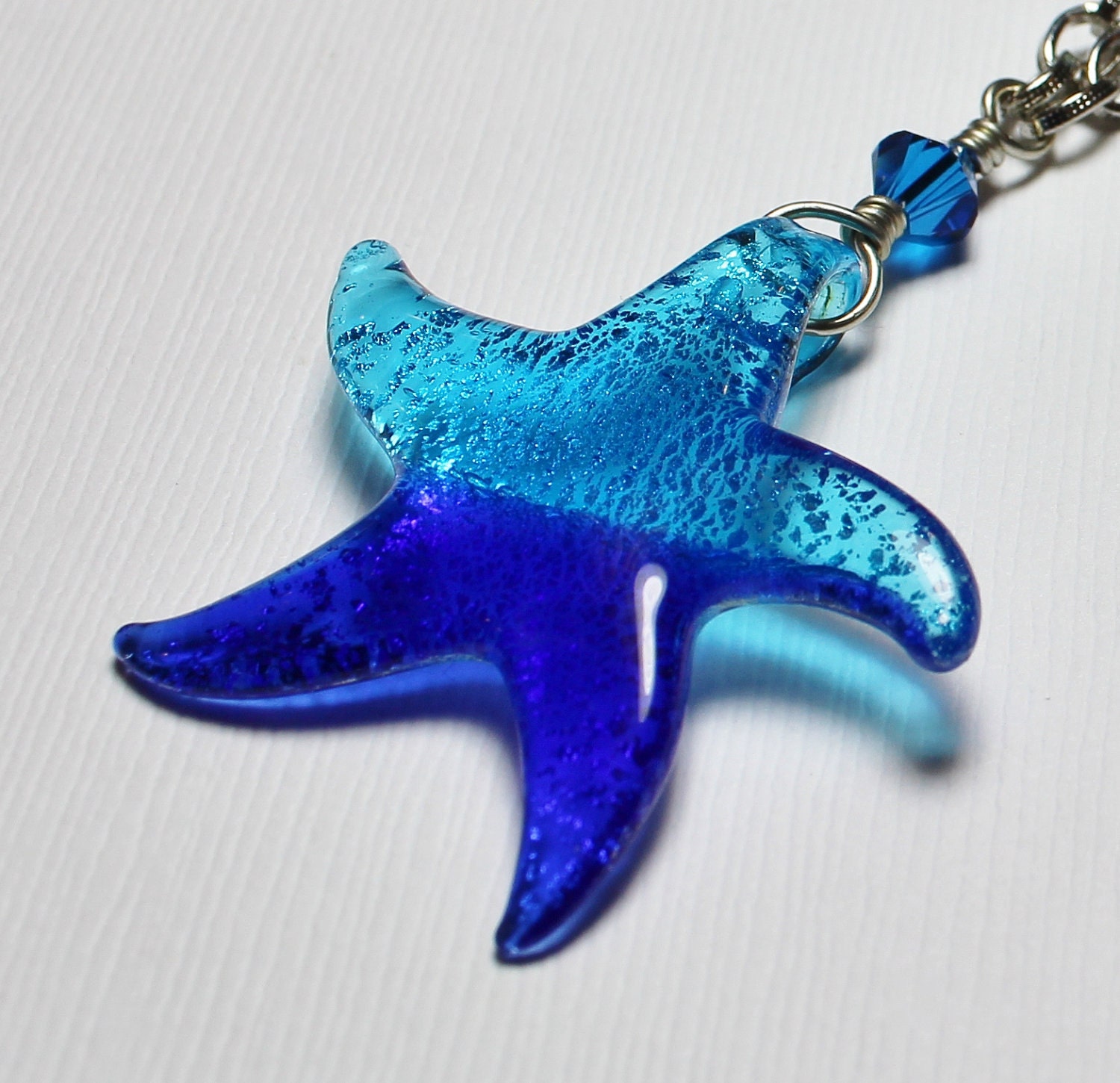 Starfish Necklace Handmade Jewelry Beach Silver Cobalt Blue Aqua Dichroic Glass Crystal Long Chain Pendant Star Fish Sea...Caribbean Dream