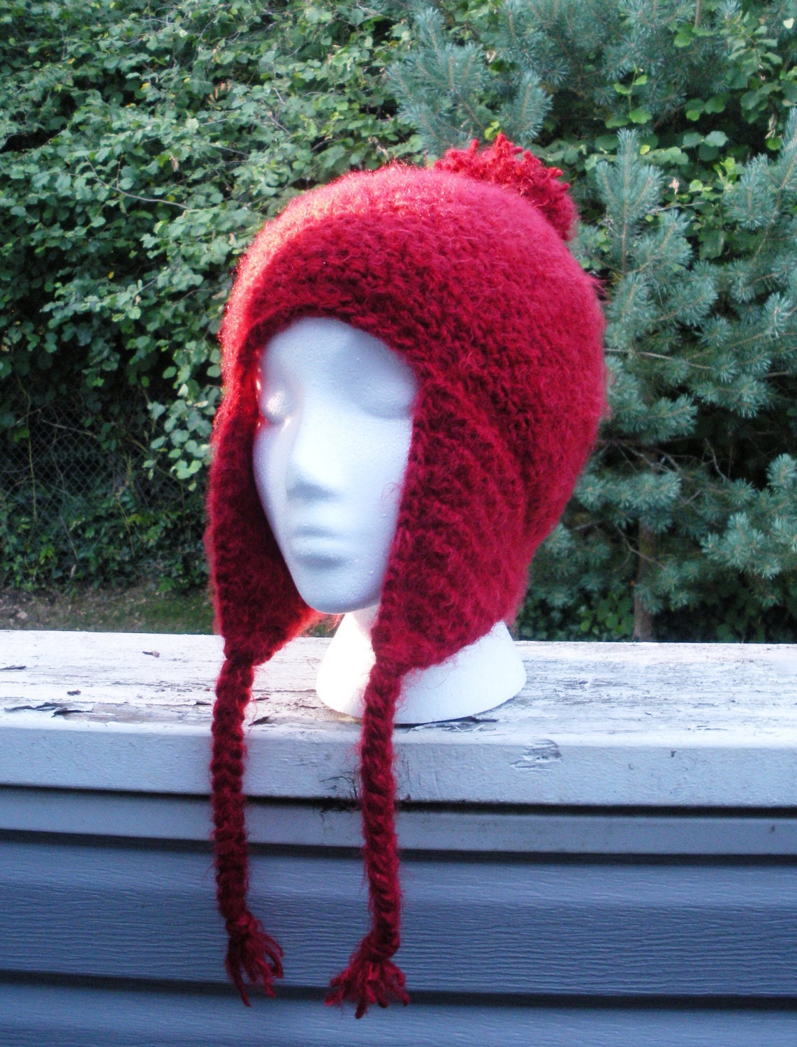 Ultra soft Crochet earflap beanie with pom pom poof in Deep Red, ready to ship.