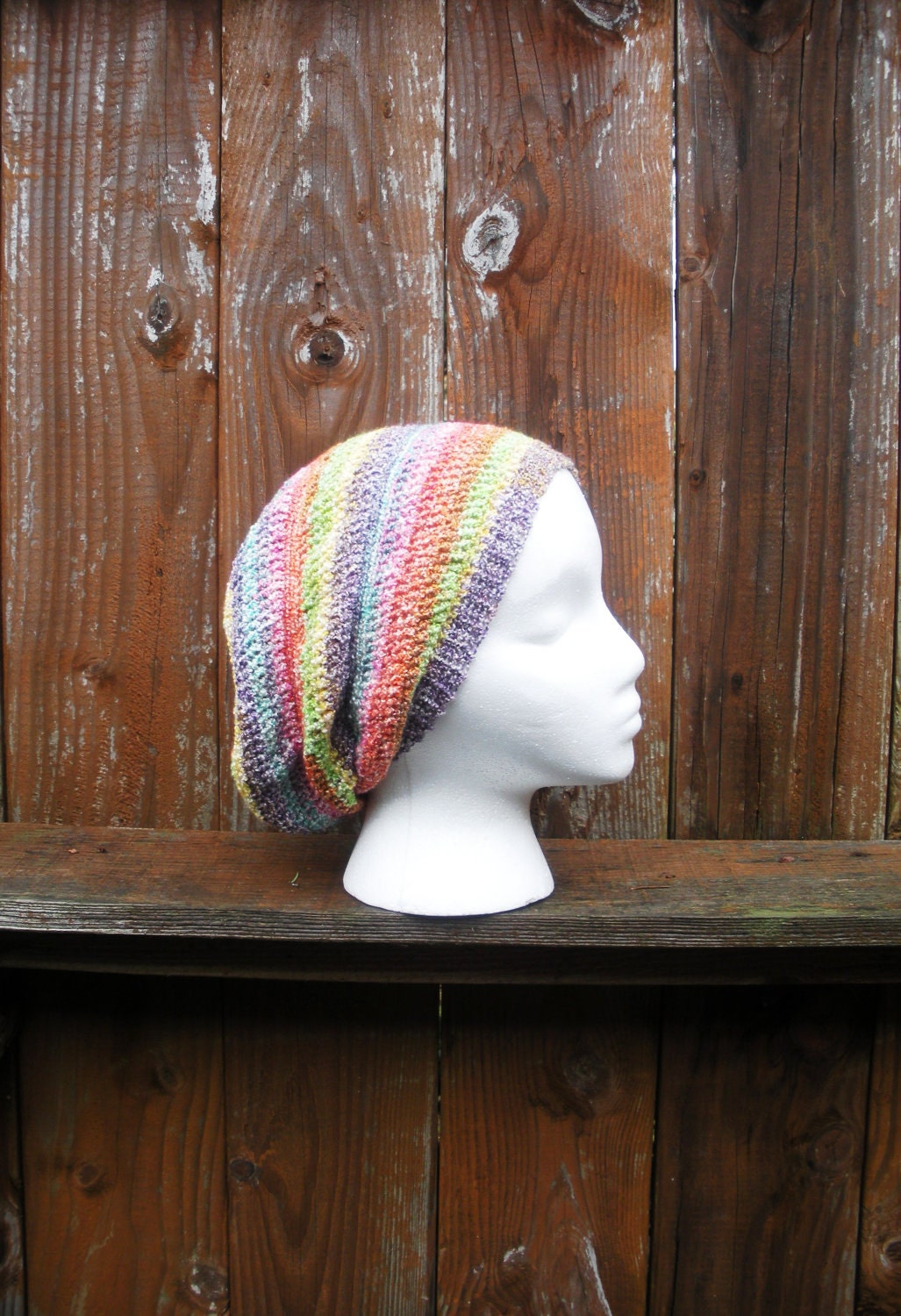 Pastel Rainbow Striped Crochet Slouchy Tam Beanie Hat Spring fashion, MADE TO ORDER.