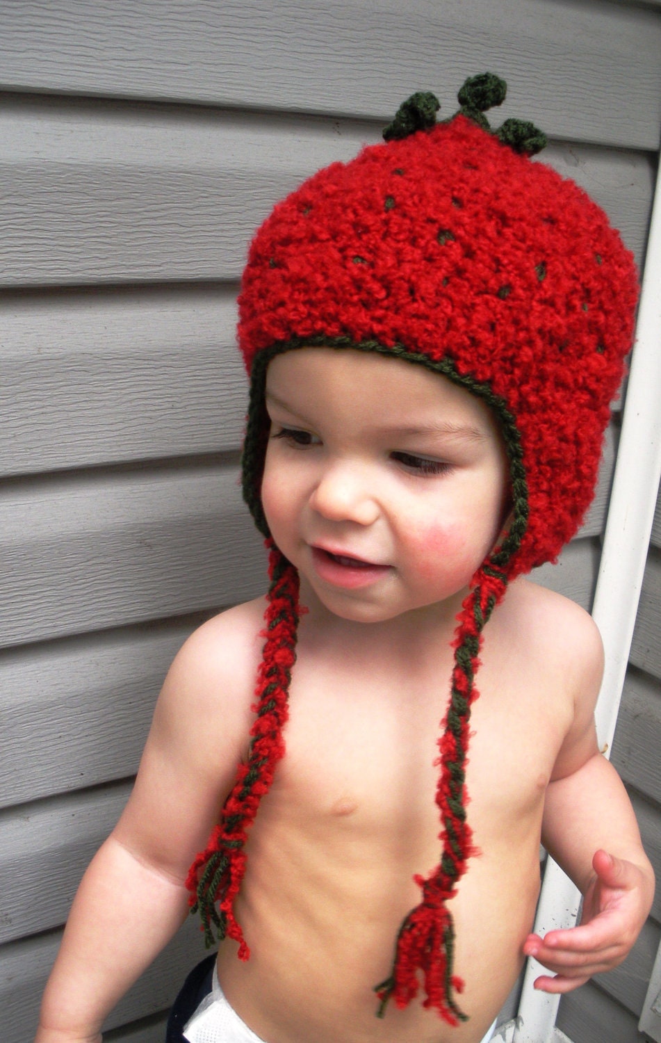 Crochet Strawberry earflap beanie hat size infant to toddler, ready to ship.