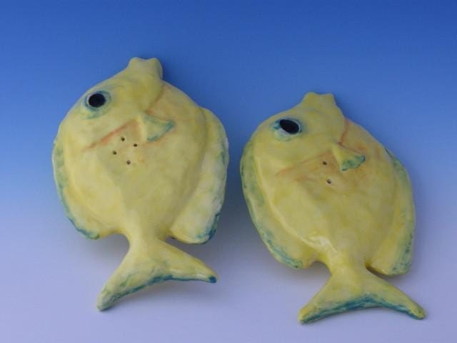 SALT and PEPPER Shakers, ceramic tableware, yellow fish
