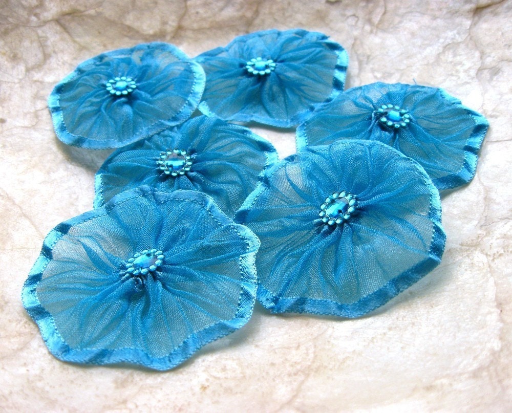 Handmade Organza Ribbon Yo Yo Turquoise 6 flowers