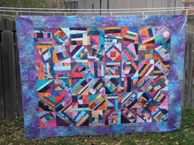 Modern Crazy patch Twin or Sofa Quilt Throw in beautiful batiks, Moon Over Mardi Gras
