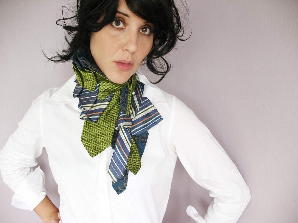 lilian asterfield triple ruffle upcycled blue green and pink neck kerchief/ascot