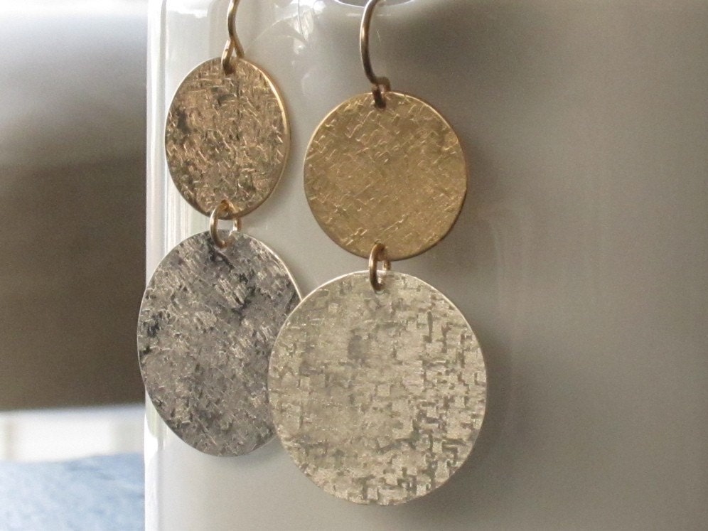 Large Disc Earrings in Sterling Silver and 14K Gold Fill Modern Texture