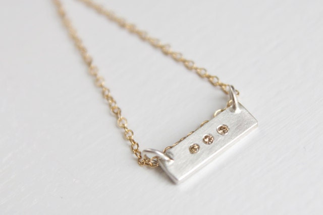 Chocolate Diamond 3 Stone Bar Necklace in Sterling Silver and Gold - modern mixed metals