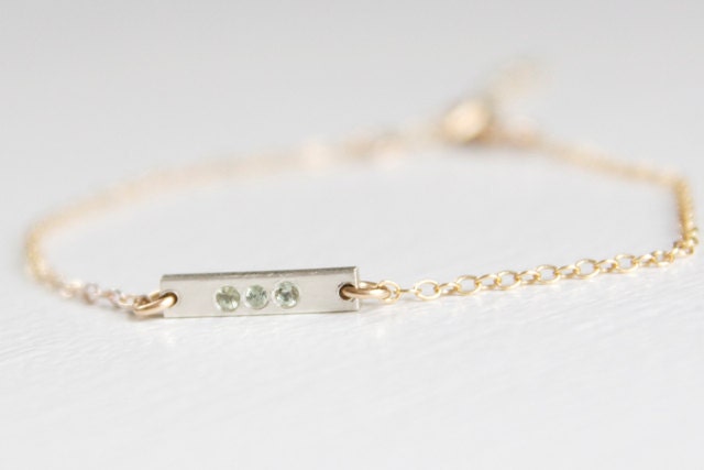 Silver and Gold Bar Bracelet with Green Sapphires