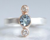 Size 6 Aquamarine and White Sapphire 3 Stone Ring in 14k Yellow Gold and Sterling Silver