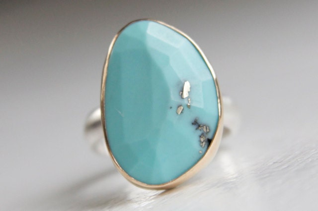 Turquoise Ring in Recycled 14k Gold and Sterling Silver - Free Form Rose Cut Stone