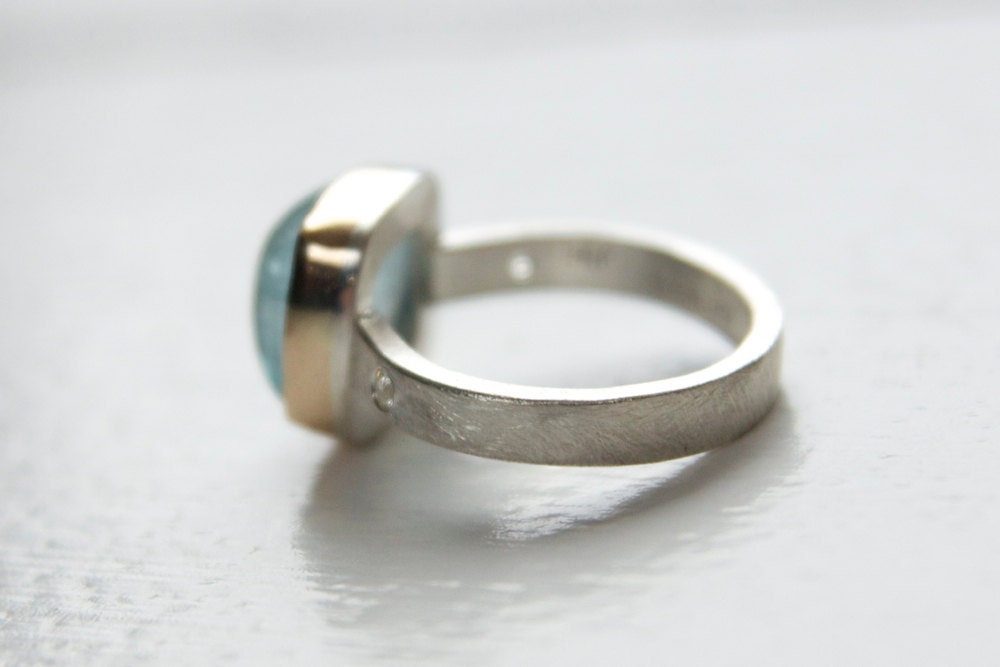 Aquamarine and White Sapphire Ring in Recycled 14k Gold and Sterling Silver