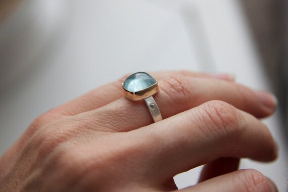 Aquamarine and White Sapphire Ring in Recycled 14k Gold and Sterling Silver