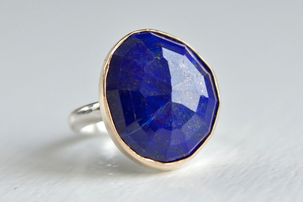 Lapis Ring in Recycled 14k Gold and Sterling Silver - free form rose cut stone