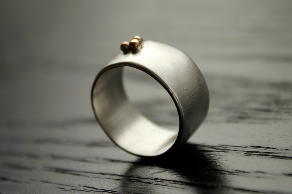 Wide Band Ring Recycled Sterling Silver and 14k Gold Ball Details Modern and Brushed Finish