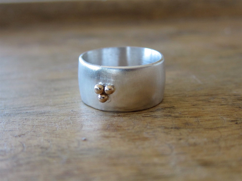 Wide Band Ring Recycled Sterling Silver and 14k Gold Ball Details Modern and Brushed Finish