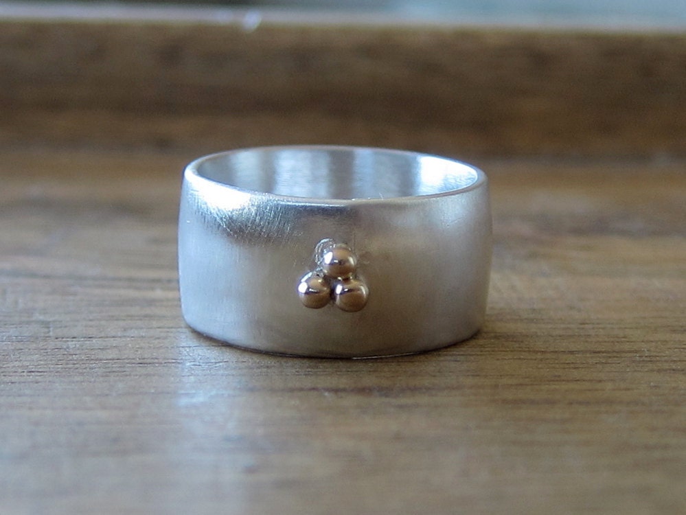 Wide Band Ring Recycled Sterling Silver and 14k Gold Ball Details Modern and Brushed Finish