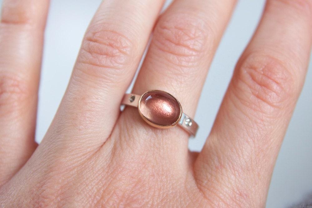 Oregon Sunstone Ring with Green Sapphire, 14k Gold and Sterling