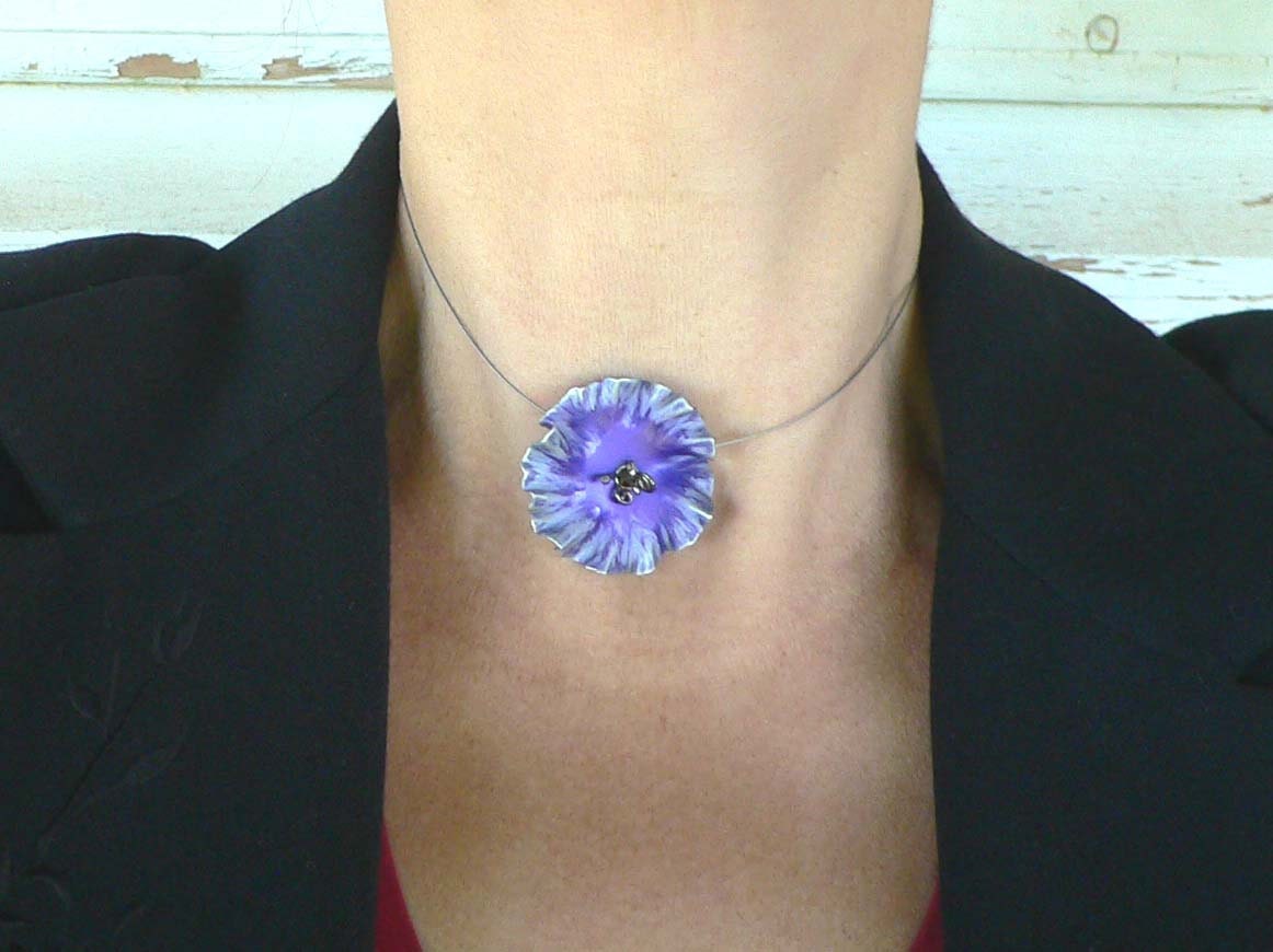 Violet flower choker necklace, anodised aluminium and sterling silver