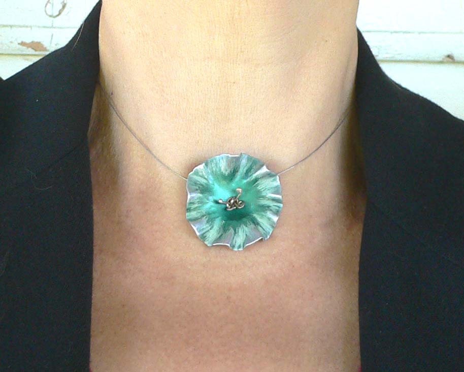 Deep green flower choker necklace, anodised aluminium and sterling silver