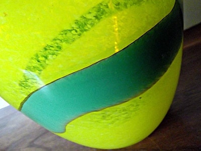 Vintage Yellow, Teal Swedish Art Glass Bowl, Vase, Bertil Vallien