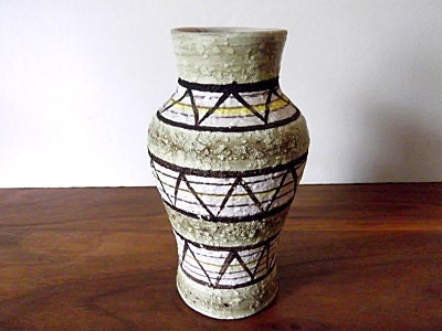 Vintage Italian Art Pottery Vase, Rossini Originals, Green, Brown, Yellow, Geometric
