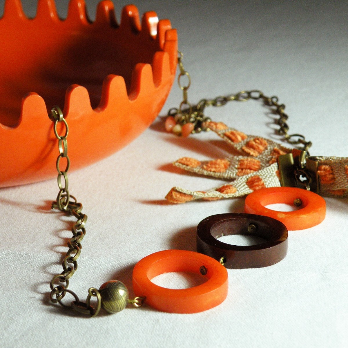 Necklace Orange and brown bone beads with chain - bow jewelry - statement necklace