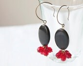 Horn Earrings - Oval black horn beads and faceted cherry red glass beads - statement jewelry - drop earrings - chandelier earrings - dangle