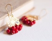 Peony Earrings - Brass filligree earrings with cherry red glass beads - flower earrings -  Chandelier earrings - dangle earrings