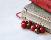 Cherry red glass beads Earrings - red glass beads and filigree bead - glass jewelry - dangle earrings - chandelier