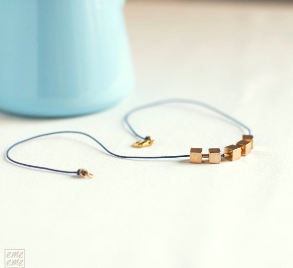 Necklace Vintage Brass Cubes and blue cotton cord - metallic jewelry - choker - Mother's Day Gifts