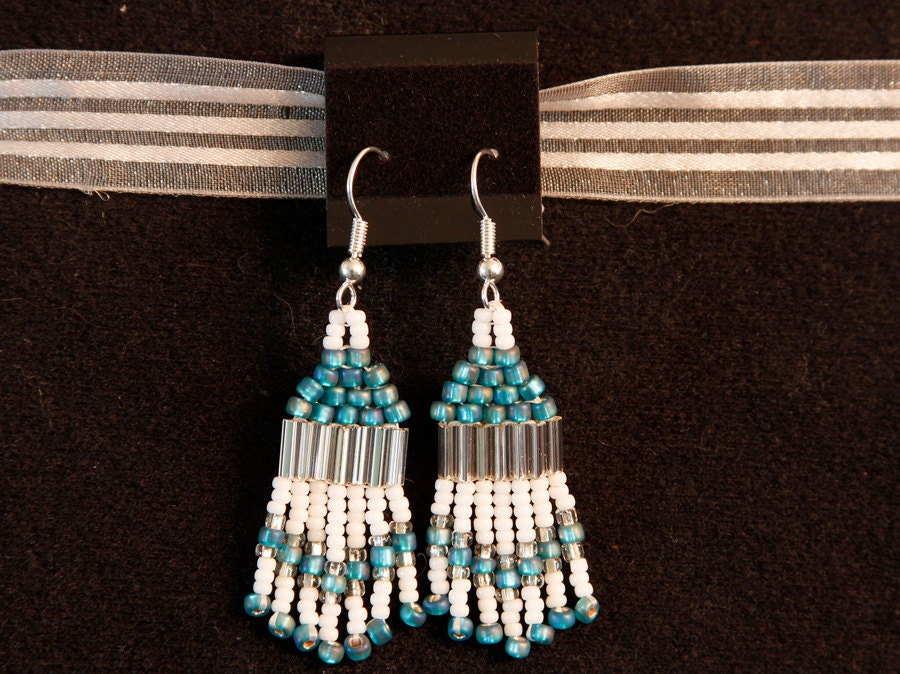 Teal, Silver and White Beaded Earrings