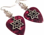 Red and silver Jewish guitar pick earrings