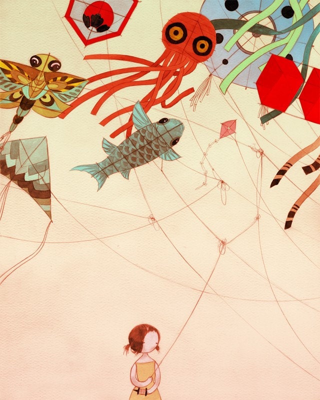 Tangled 16x20 Lustre Color Print - drawing painting mixed media girl and kites