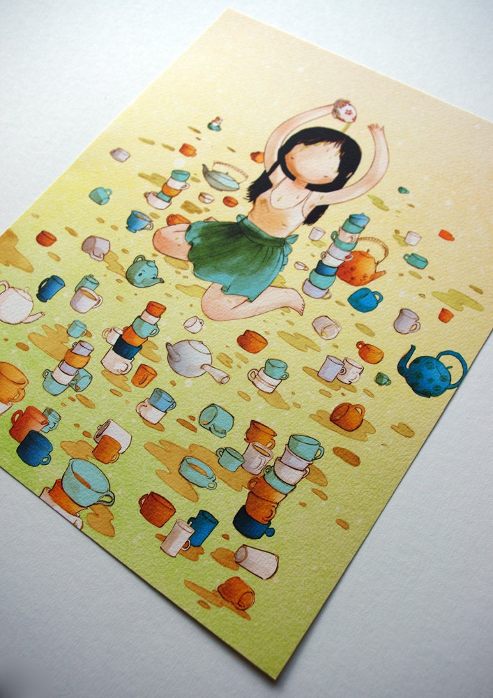 Tea tea tea 8x10 print - drawing watercolor obsessive compulsive tea addict girl