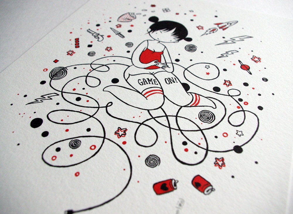 Game On - 8x10 cute video game girl drawing watercolor print