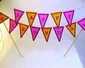 Happy Birthday Cake Topper Bunting In Hot Pink and Orange Hand Stamped Customizable QueenBeeInspirations