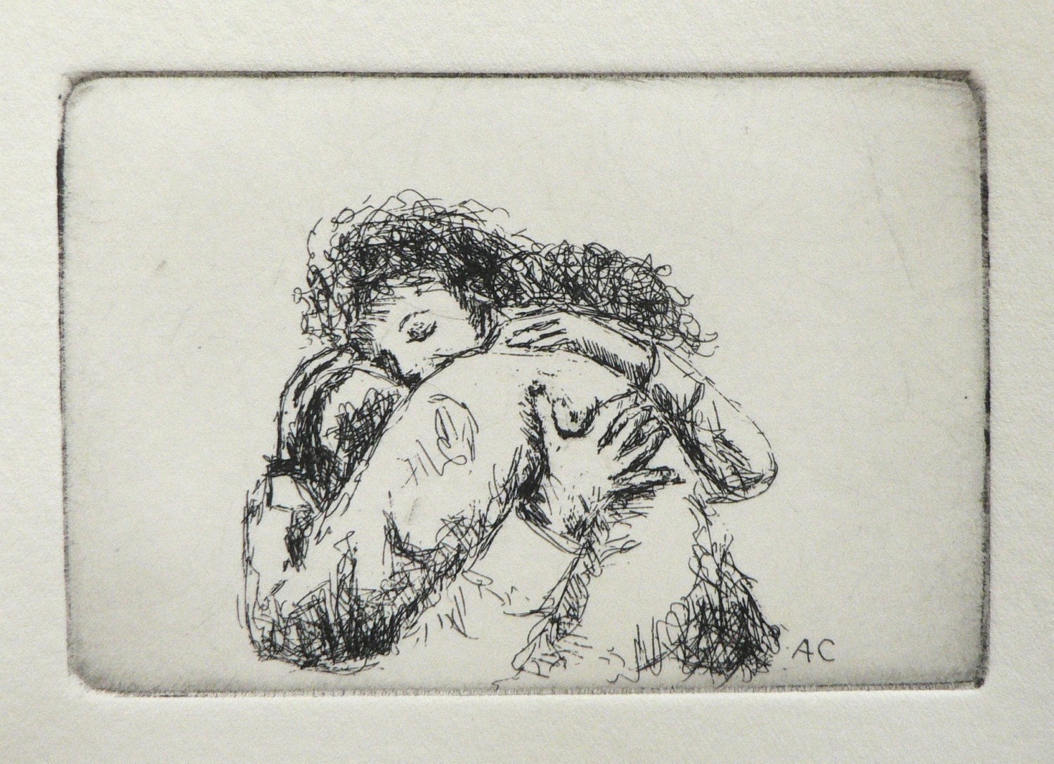 give someone a hug - original etching, warm embrace