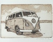original etching and aquatint of a VW camper van