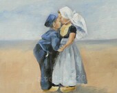 giclee art print of a boy and a girl giving each other a kiss on the cheek