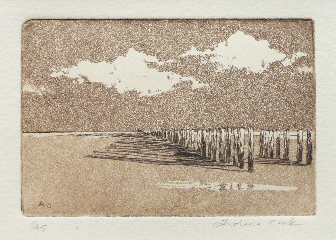 wave breakers on the beach - original etching and aquatint