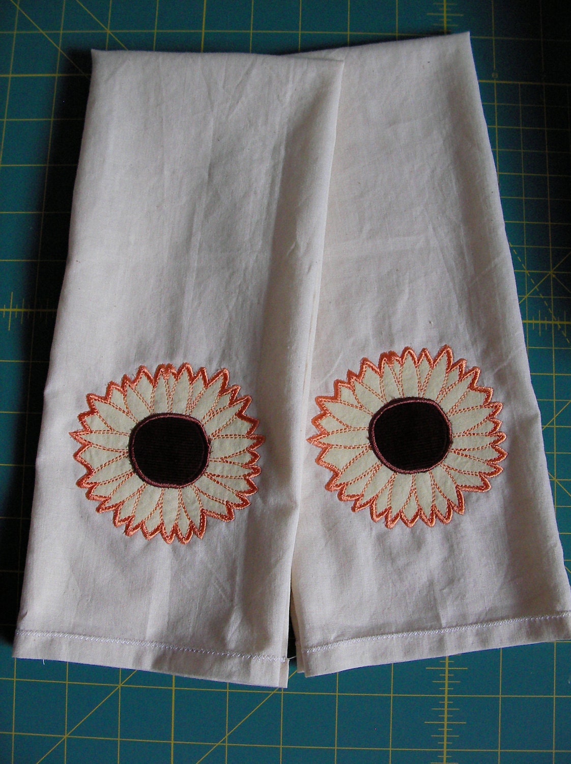 Handmade muslin kitchen towels with Sunflower applique
