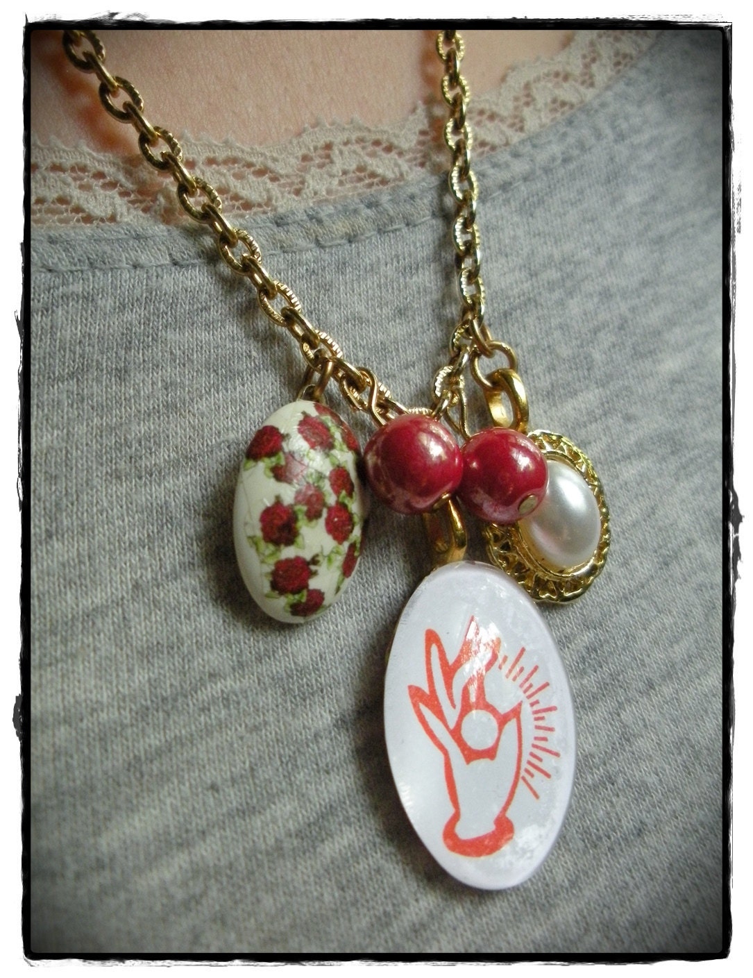 Fortune Teller Roses and Pearl Charm Necklace