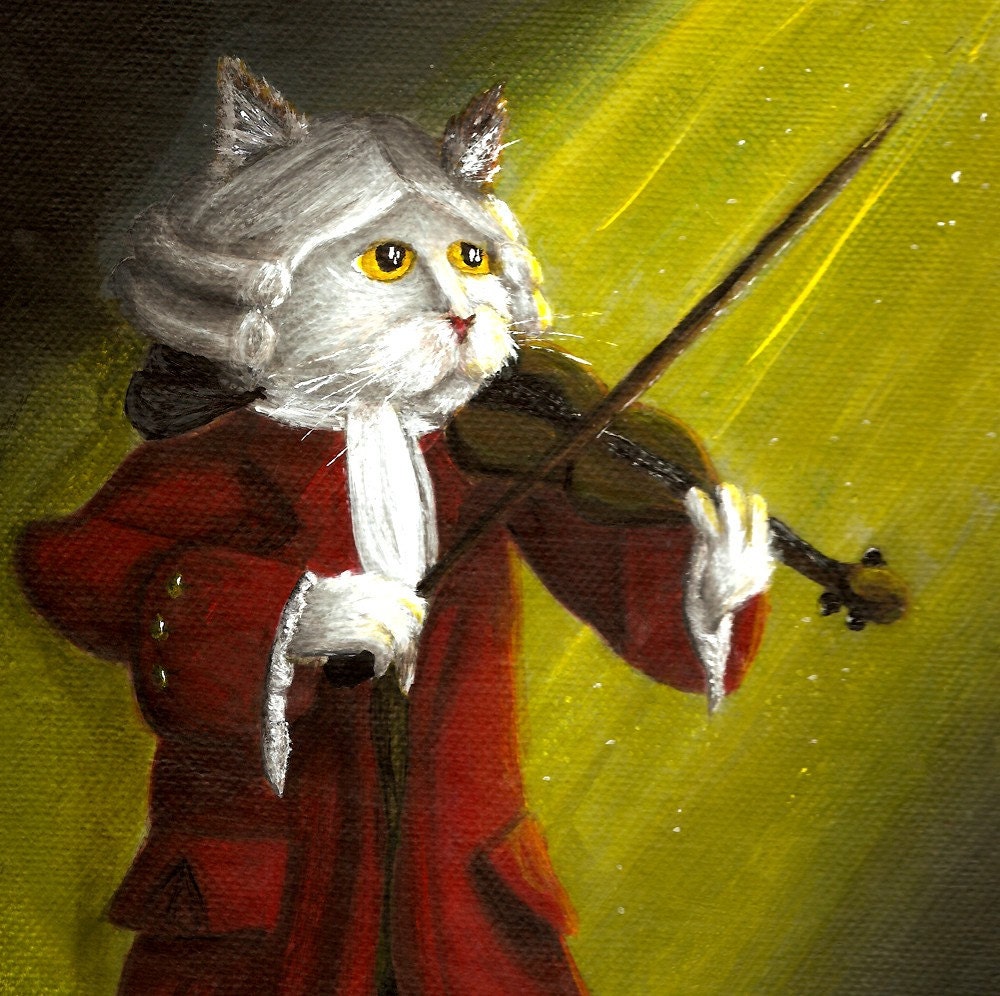 Violinist Cat Art, White Cat Playing Violin Wearing Powdered Wig, Mozart 8x10 Fine Art Print