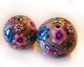 Two Polymer Clay Grey Flower Beads