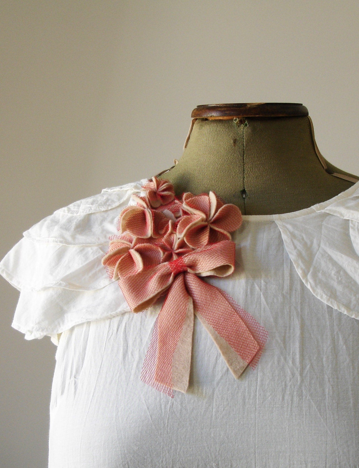 HALF PRICE SALE - WAS 65 DOLLARS - Red Riding Hood bow and blossom brooch, felt and net