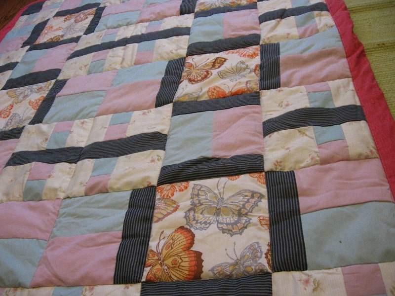 Red Pink Blue Butterfly patchwork quilt. 58x48 in.