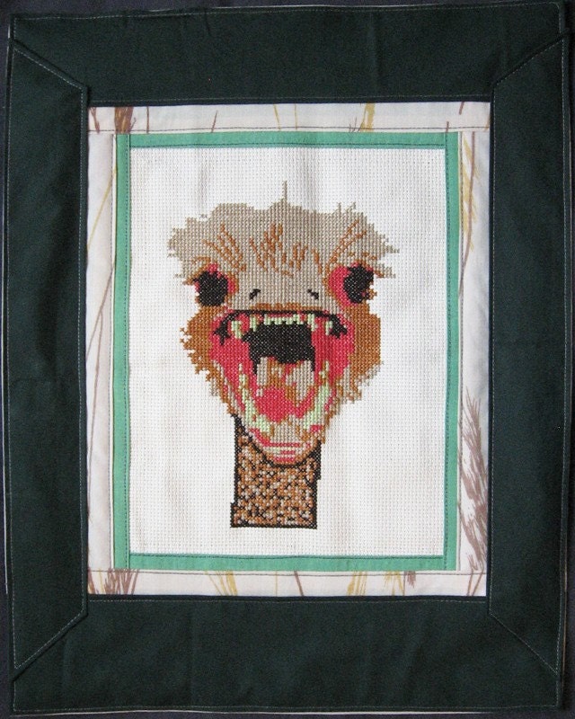 scary EMU face cross stitch 11x14 in, unframed