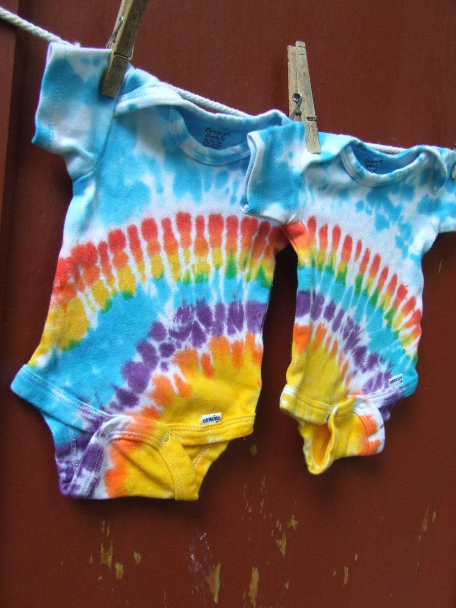 Tie Dye Baby Onesies - Twin Set of 2 - Rainbow Sunshine - newborn, 6m, 12m, 18m, 24m - Made to Order