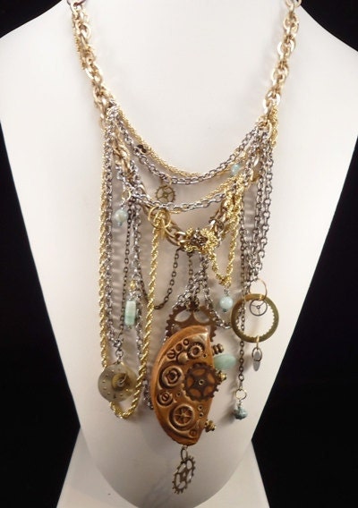 Steampunk Assemblage Bib Necklace - Chained in Time - InVintageHeaven